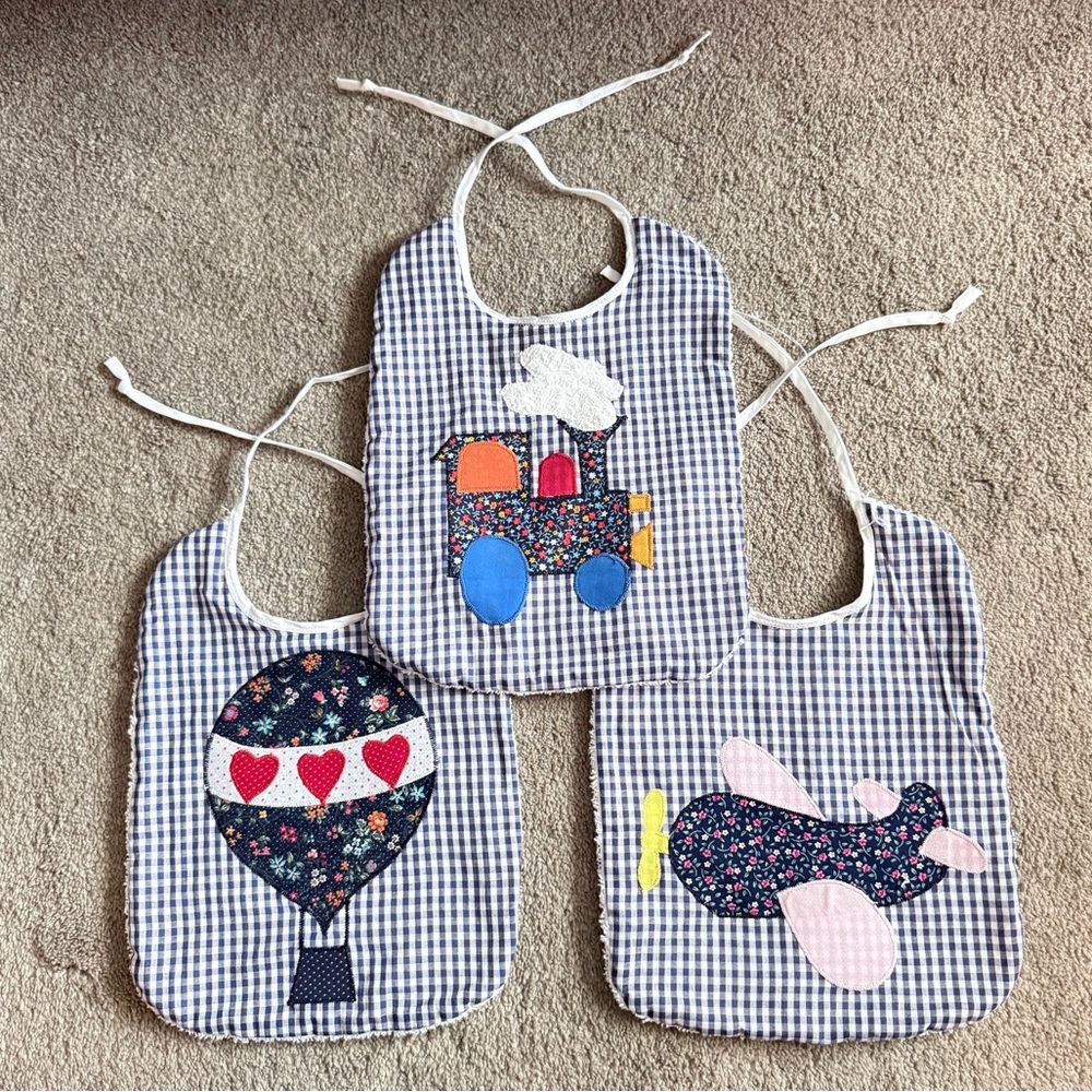 🍓 Handmade Blue Gingham Floral Travel Terry Cloth Tie Back Bibs (3 Pack)